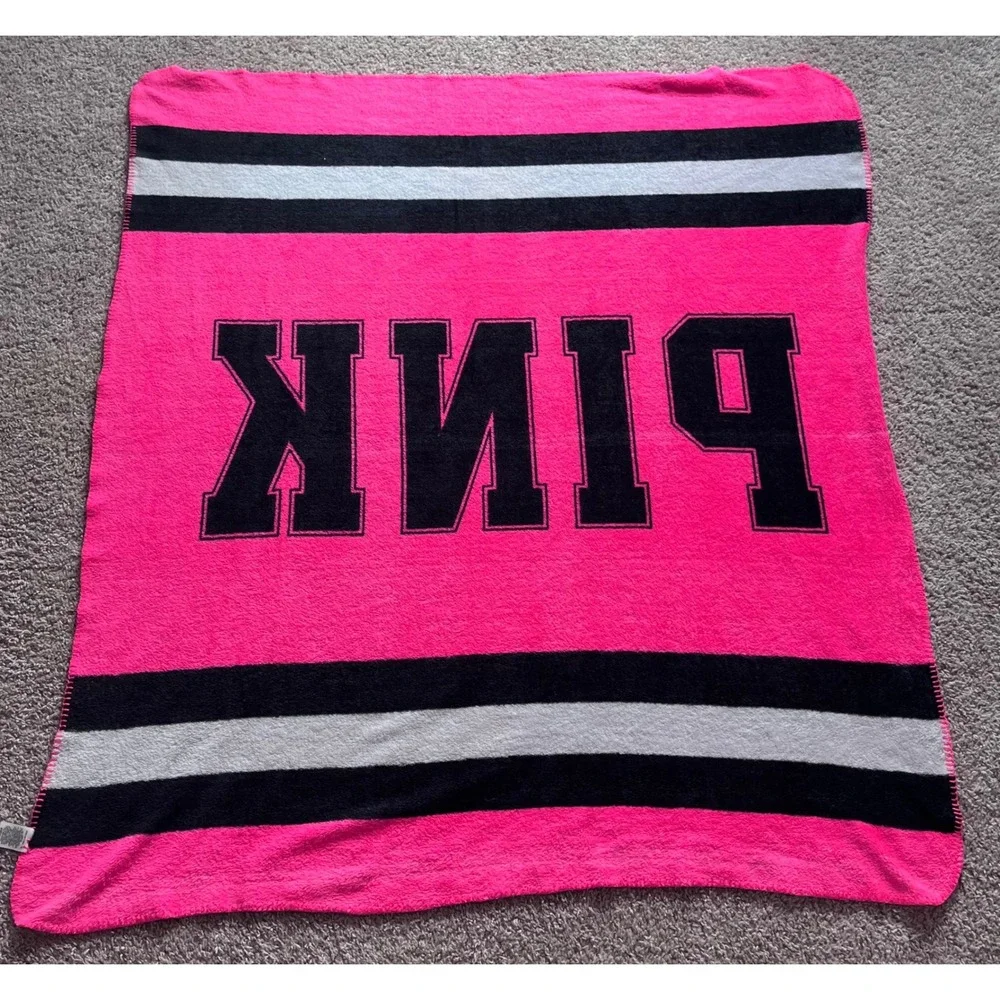 Victoria's Secret PINK Fleece Throw Blanket Neon Pink Black White Striped 50x60